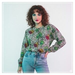 Vintage Notations Womens Button Front Top Art‎ to Wear Maximalist Eclectic 80s